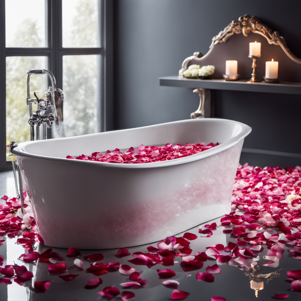 An image of a pristine white bathtub filled to the brim with crystal-clear water, adorned with delicate rose petals floating on the surface and steam rising, evoking a serene and indulgent atmosphere for a blog post on determining the ideal water level for a perfect bath