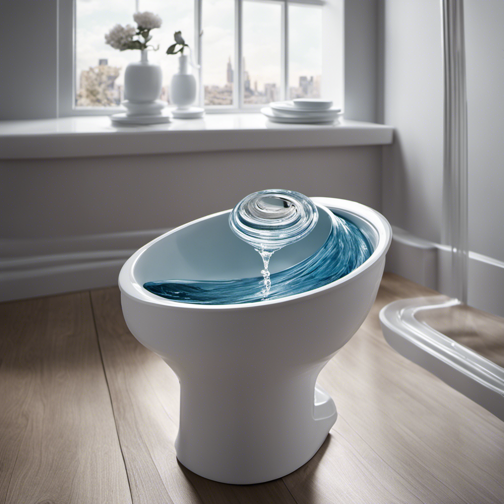 An image showcasing a half-filled water bucket beside a toilet with a clear, swirling vortex, demonstrating the benefits of using minimal water for flushing