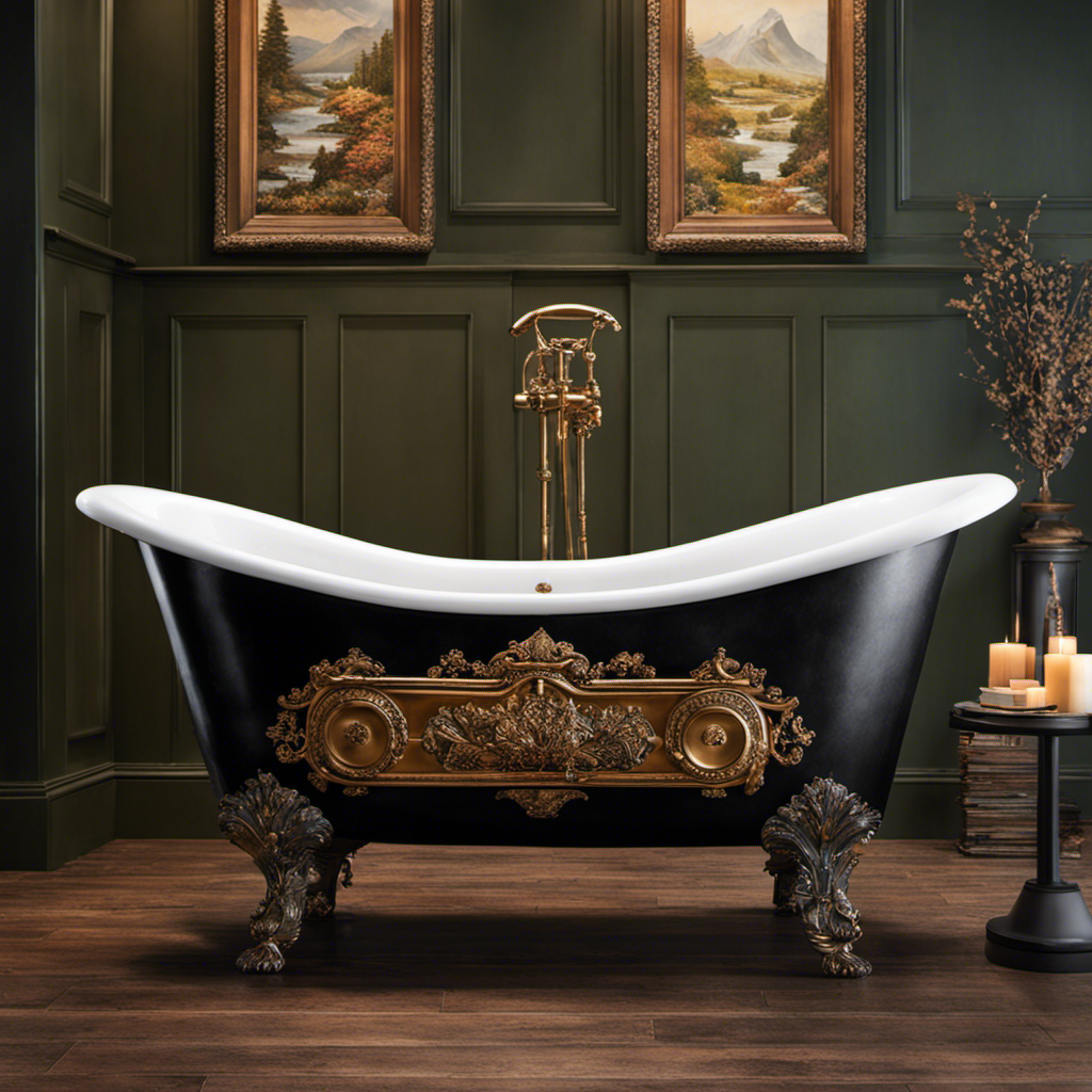An image showcasing a robust, cast-iron clawfoot bathtub filled to the brim with a mountain of various objects, symbolizing the strength and capacity of bathtubs to bear immense weight