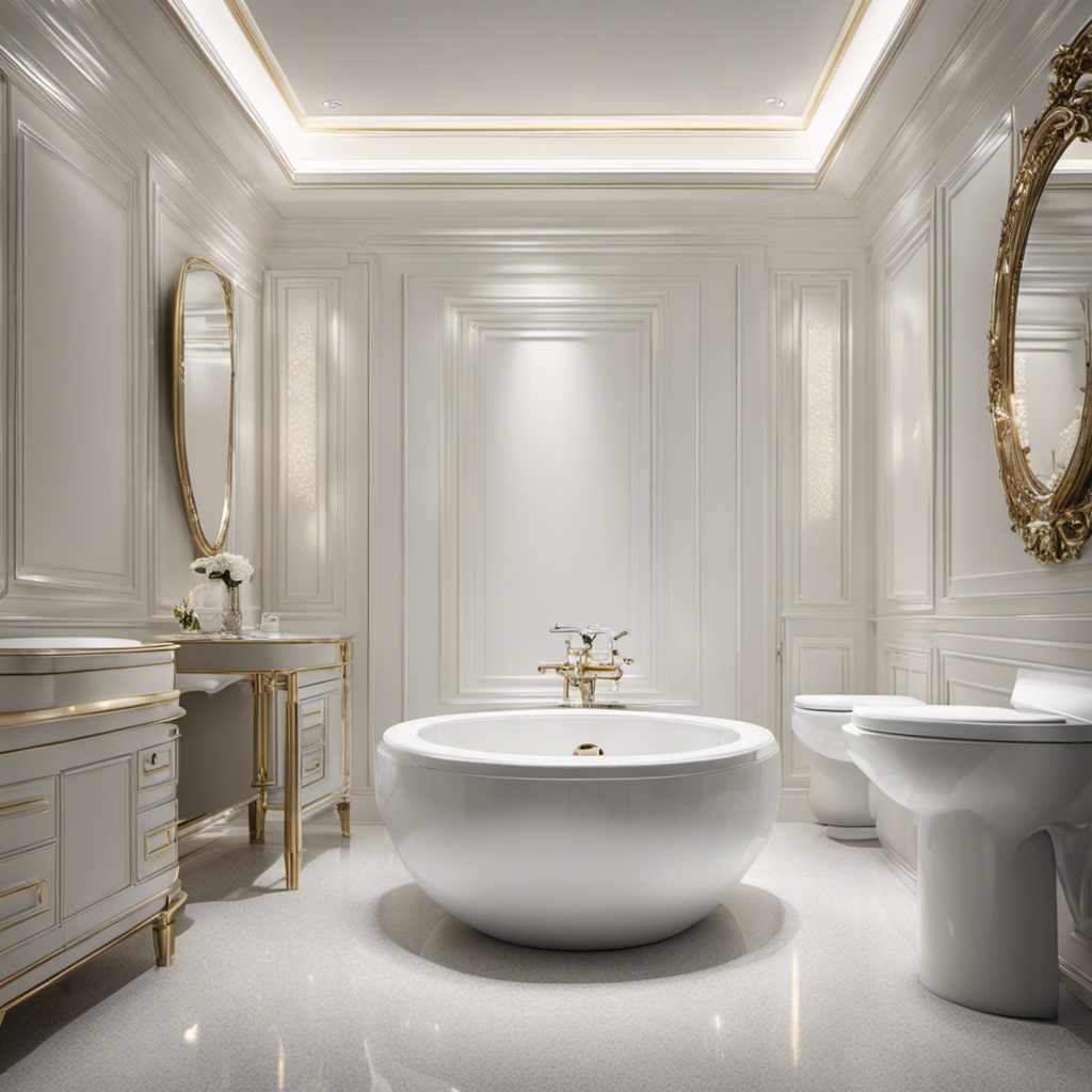 An image showcasing a sparkling white toilet, surrounded by a pristine bathroom