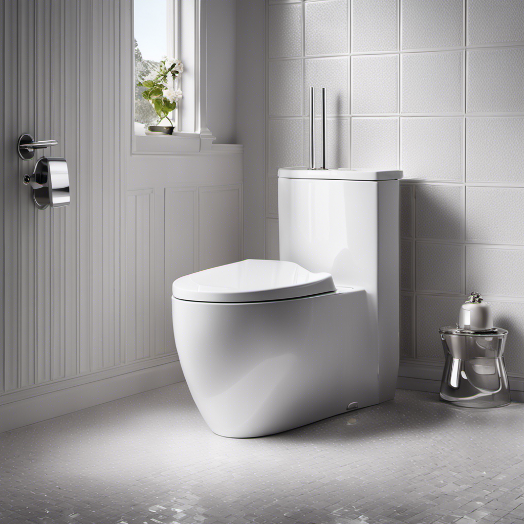 An image showcasing a sparkling white toilet bowl, surrounded by gleaming tiles, glistening water droplets, and a pristine toilet brush nearby, evoking a sense of cleanliness and hygiene