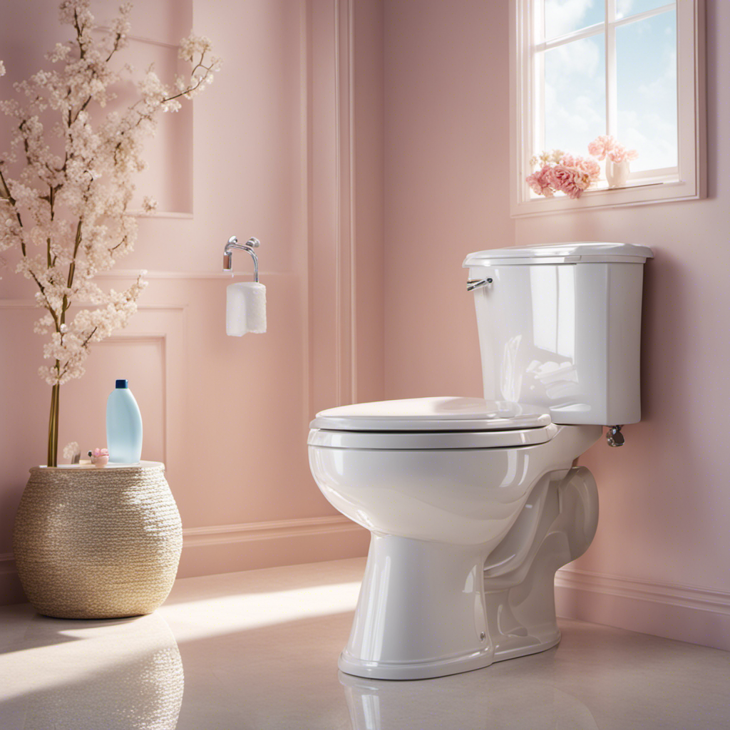 An image of a sparkling white toilet bowl, adorned with fresh water droplets and surrounded by a soft, pastel-hued bathroom