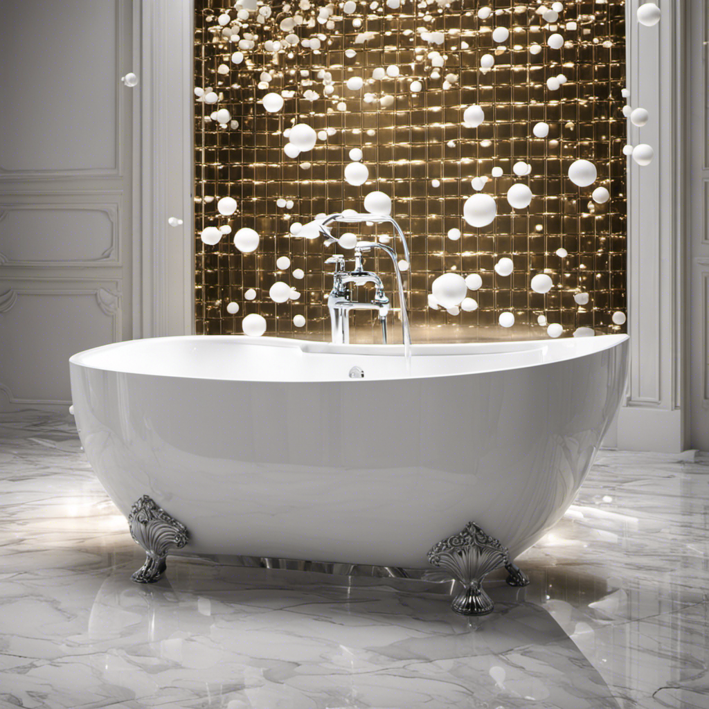 An image showcasing a pristine white bathtub with sparkling tiles and a gleaming faucet, surrounded by a cloud of soap bubbles