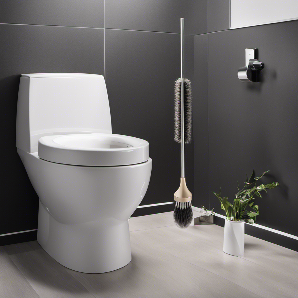 An image showcasing a clean, modern bathroom with a fresh toilet brush standing beside the toilet