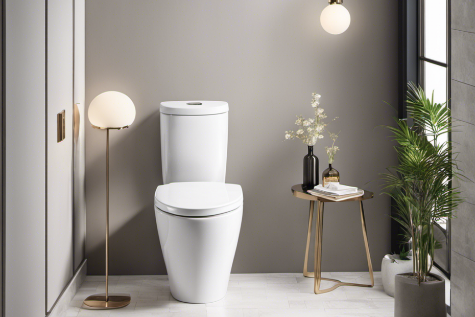 An image showcasing a serene bathroom with a pristine white toilet, surrounded by fresh, vibrant tiles