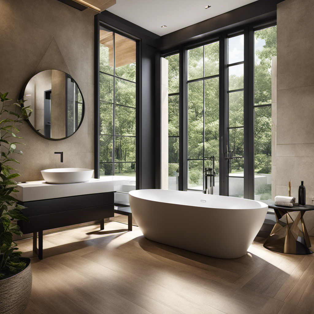 An image displaying a modern, sleek bathtub in a spacious bathroom
