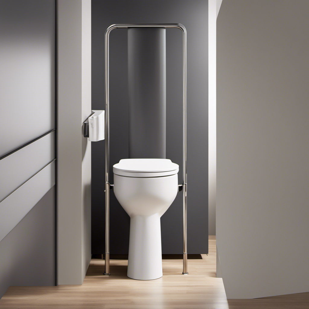 An image capturing the perspective of a person standing next to a handicap toilet, highlighting its elevated seat, elongated shape, sturdy grab bars, and spacious design, visually conveying its accessibility and accommodating dimensions