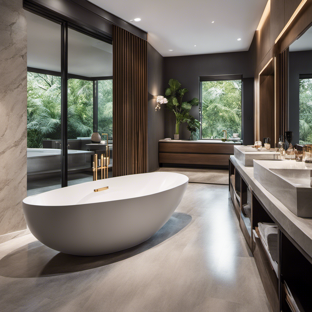 An image showcasing a spacious bathroom with a luxurious, freestanding bathtub