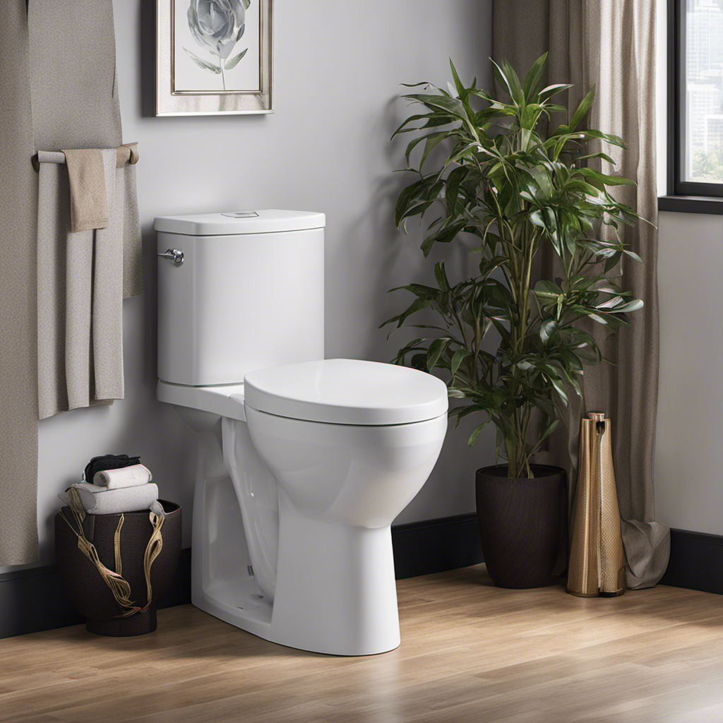 An image showcasing an Ada toilet's height, capturing its elongated bowl and elevated seat, accompanied by a measuring tape in inches and centimeters, providing a clear visual representation of its dimensions
