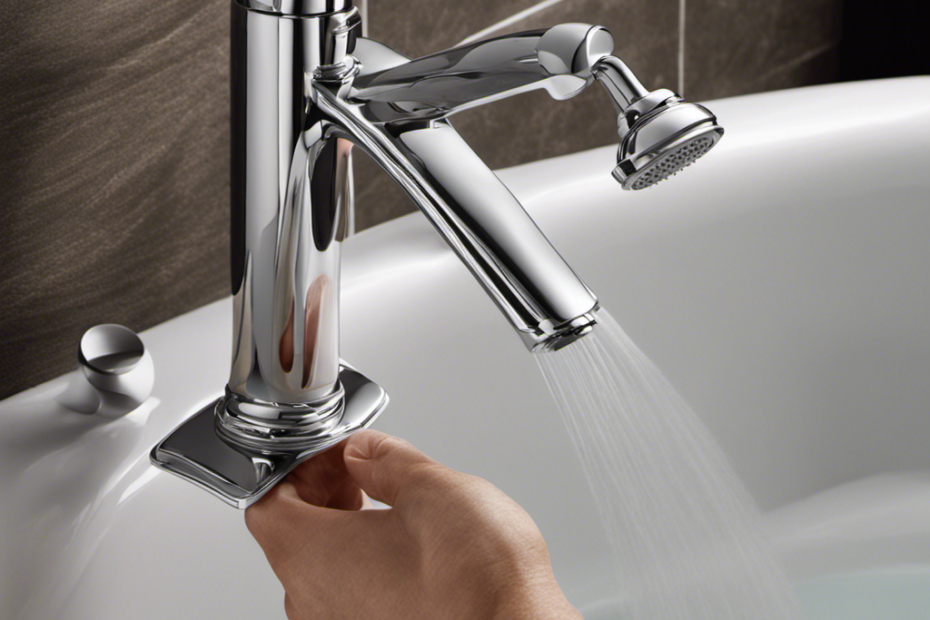 An image capturing the steps to add a hand-held showerhead to a bathtub: a wrench tightening the shower diverter valve, a hose connecting the valve to the showerhead, and a hand holding the showerhead