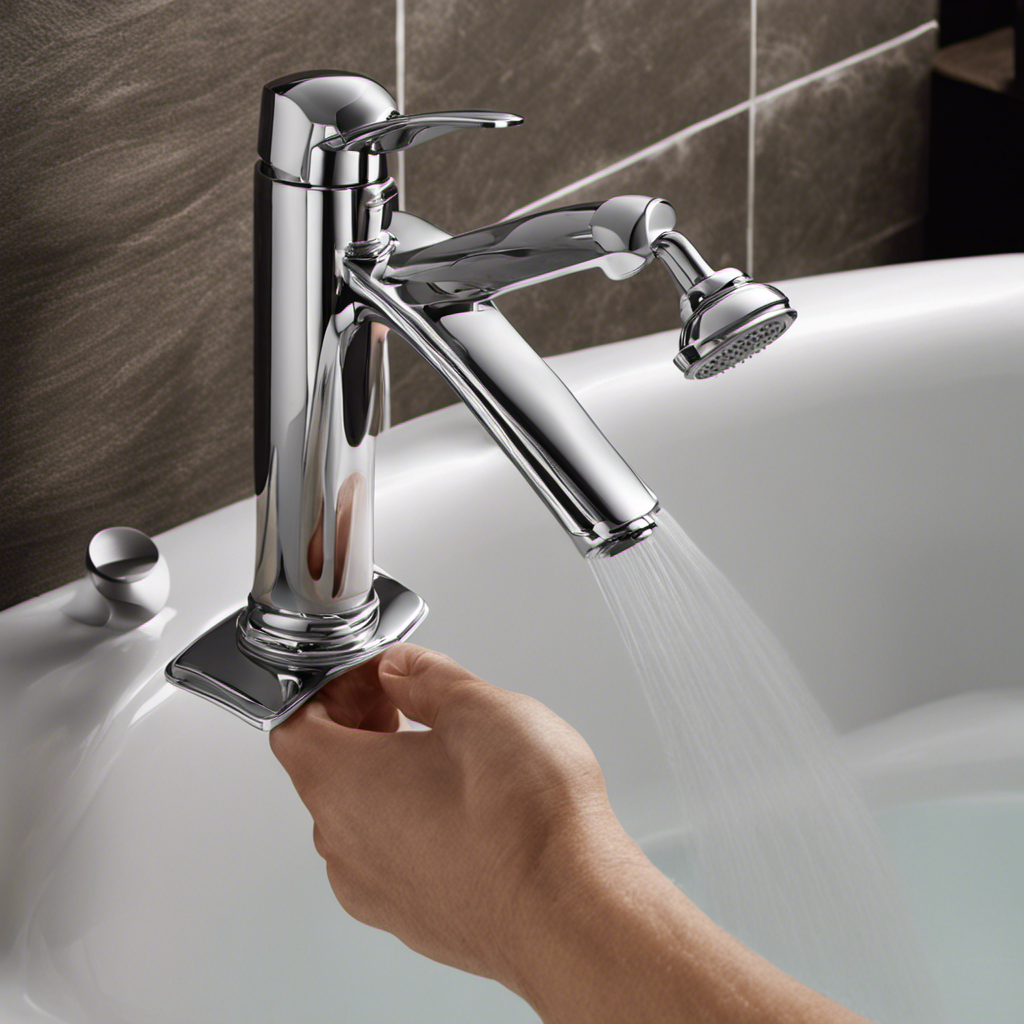 An image capturing the steps to add a hand-held showerhead to a bathtub: a wrench tightening the shower diverter valve, a hose connecting the valve to the showerhead, and a hand holding the showerhead
