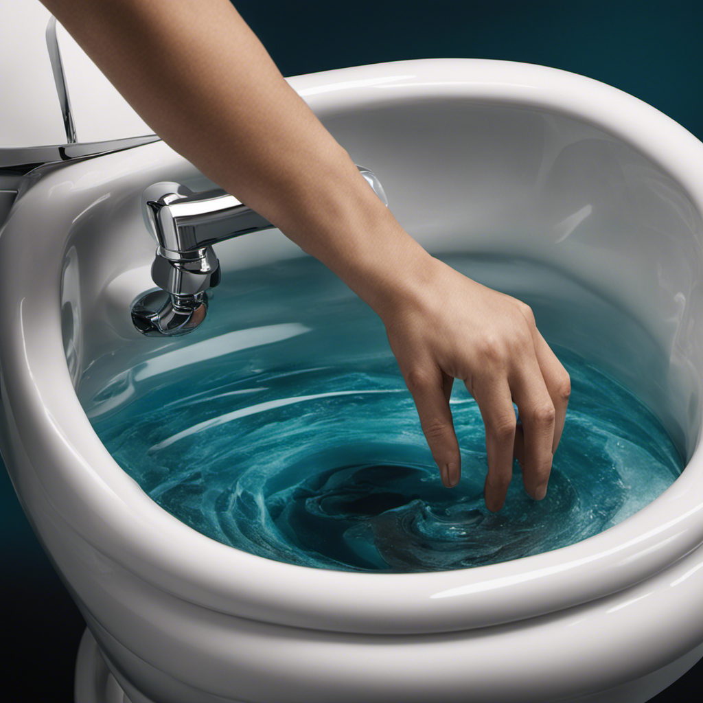An image depicting a close-up of a toilet tank with a person's hand reaching in to adjust the float