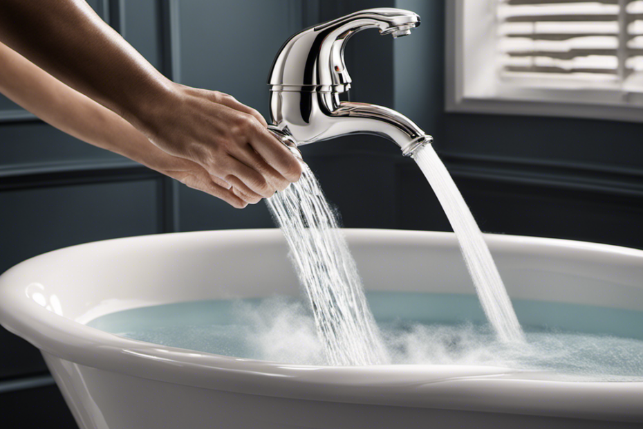 An image illustrating a hand reaching for a bathtub faucet, twisting it counterclockwise, with steam rising from the water, showcasing the process of adjusting hot water in a bathtub