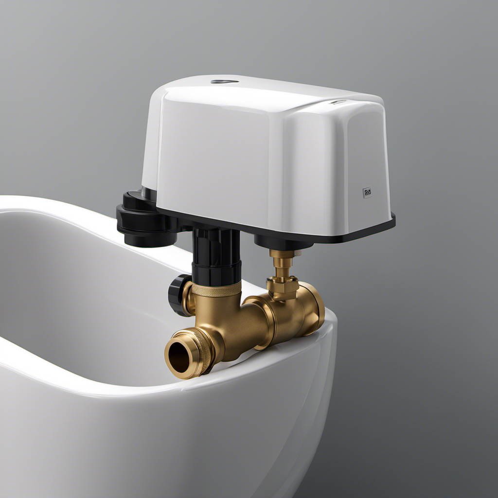 An image showcasing a close-up shot of a toilet tank with an adjustable float valve mechanism