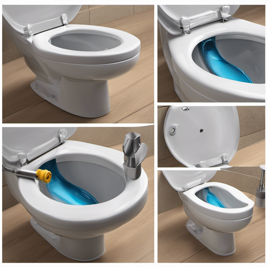 An image showcasing a step-by-step guide to adjusting toilet bowl water level: a hand turning the water supply valve clockwise, followed by a close-up of the float arm being adjusted, and ending with a properly adjusted water level