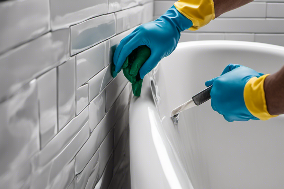 An image showcasing a close-up view of a gloved hand expertly applying a smooth, even bead of caulk along the seam where the bathtub meets the tiled wall