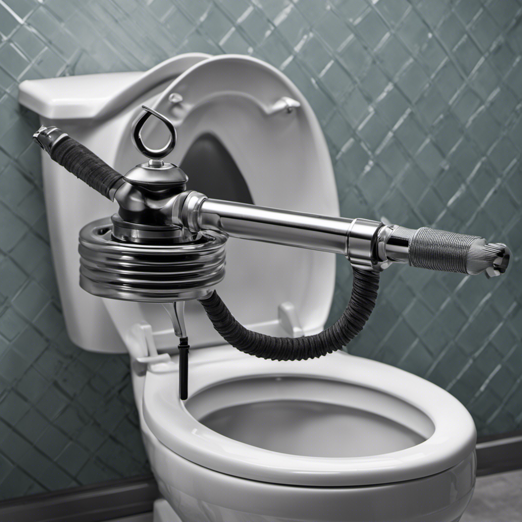 An image showing a close-up view of a gloved hand firmly gripping a durable, coiled toilet auger, while the other hand rotates the handle, demonstrating the process of augering a clogged toilet