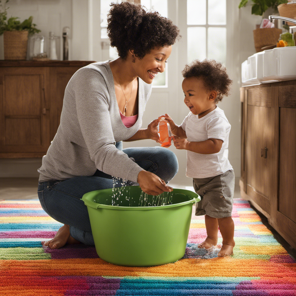 An image showcasing a parent gently pouring warm water from a small bucket over a smiling toddler seated on a colorful, non-slip mat