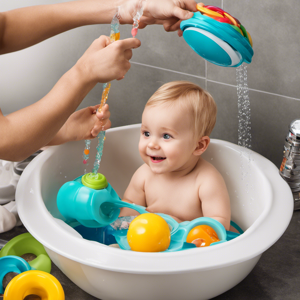 An image showcasing a parent filling a large plastic basin with warm water, placing a delighted toddler inside, using a handheld showerhead to gently rinse their hair, while colorful bath toys float nearby