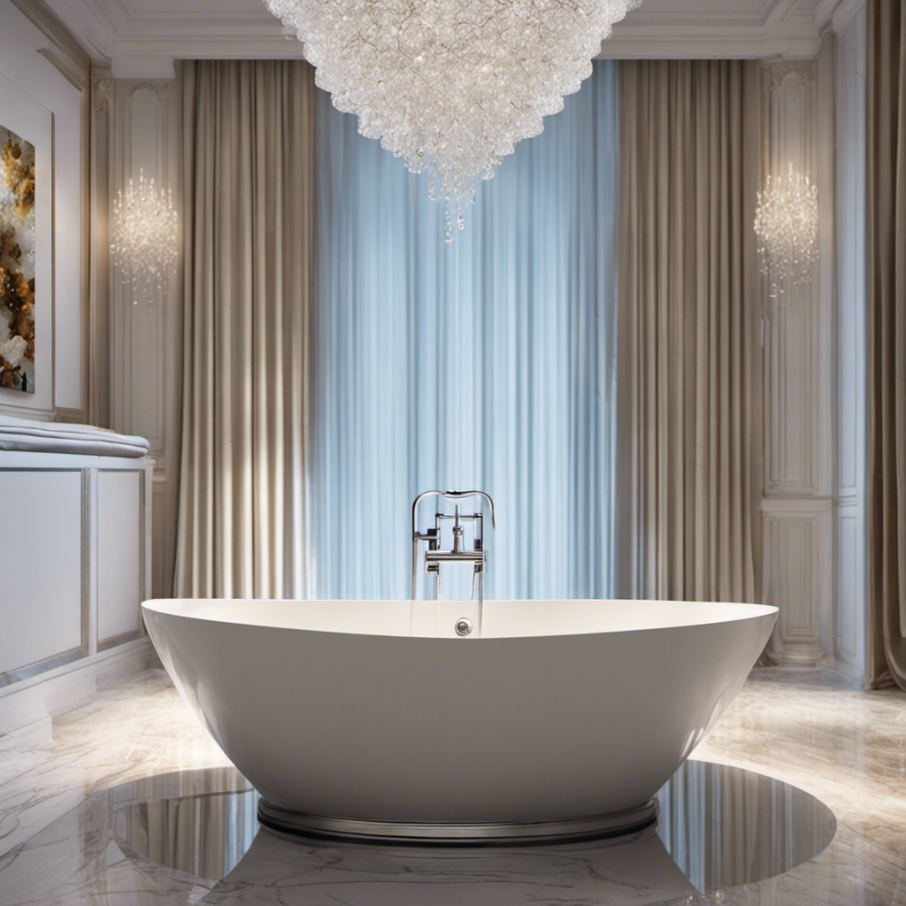 An image showcasing a sparkling white bathtub, gleaming under the gentle touch of a scrub brush, surrounded by a backdrop of shimmering water droplets and a perfectly folded towel nearby