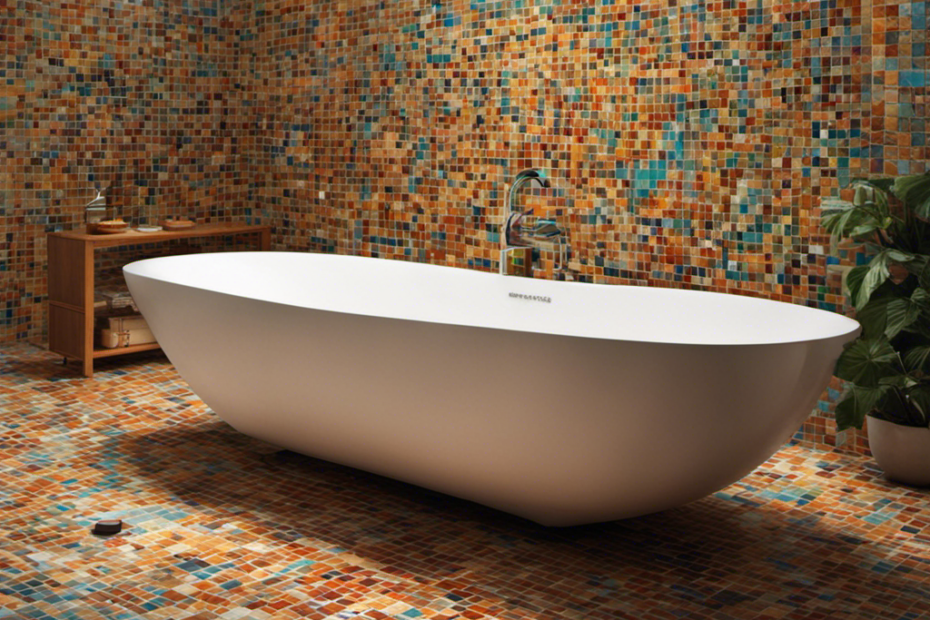 blend of vibrant mosaic tiles, depict an inviting bathroom scene with a meticulously crafted bathtub taking center stage
