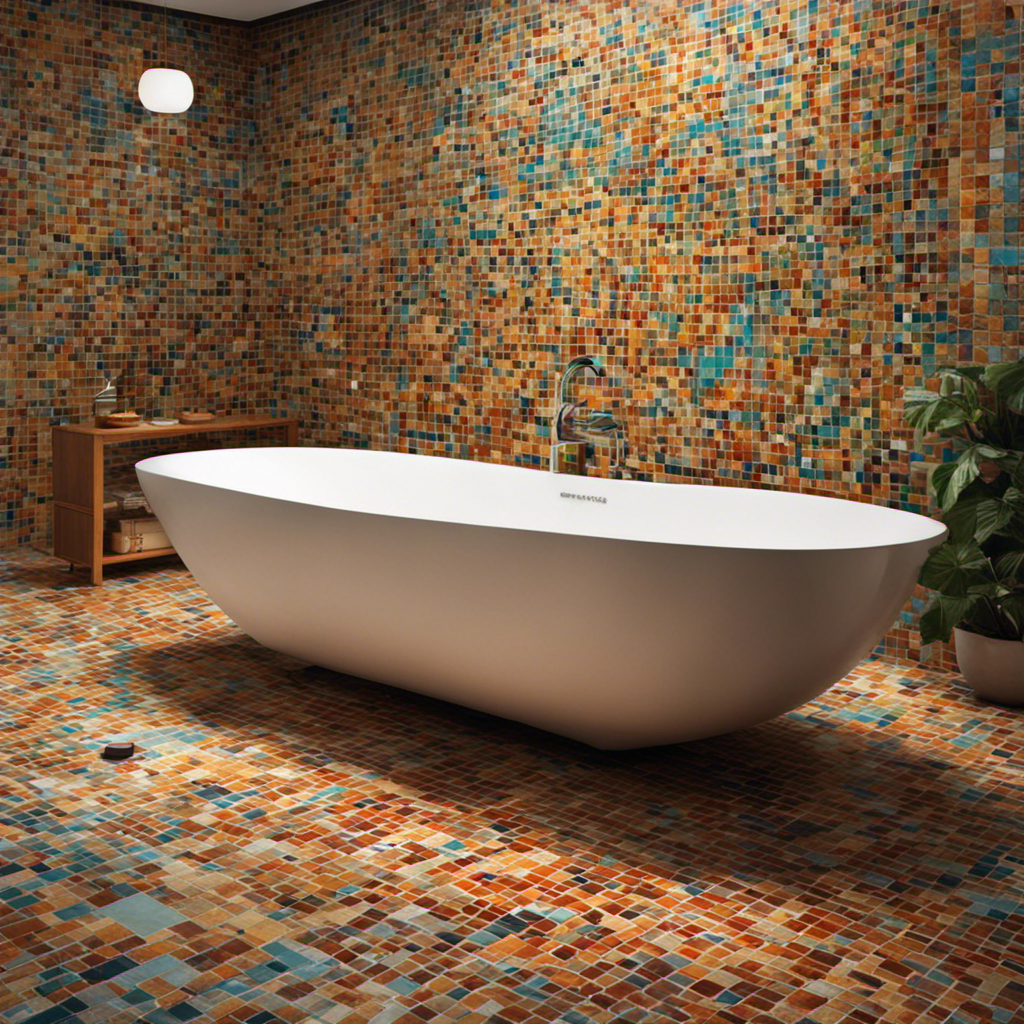 blend of vibrant mosaic tiles, depict an inviting bathroom scene with a meticulously crafted bathtub taking center stage