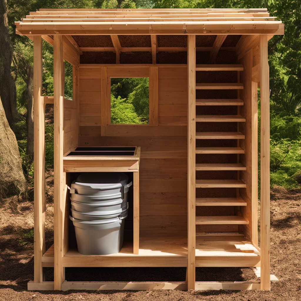 An image showcasing the step-by-step process of constructing a composting toilet: a wooden frame being assembled, a bucket with a tight-fitting lid, a ventilation system, and layers of organic waste and sawdust