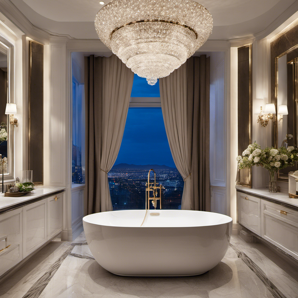 An image showcasing a luxurious bathroom with a spacious, freestanding bathtub in the center, adorned with elegant fixtures