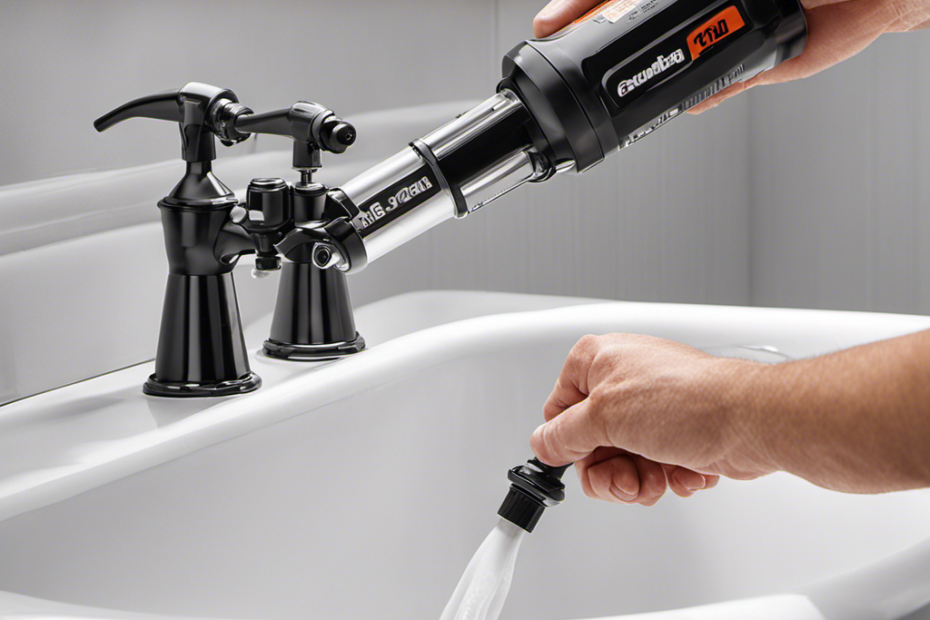 An image that showcases a close-up of a hand holding a caulk gun, expertly applying a smooth and even line of caulk along the edge of a bathtub faucet, ensuring a tight seal