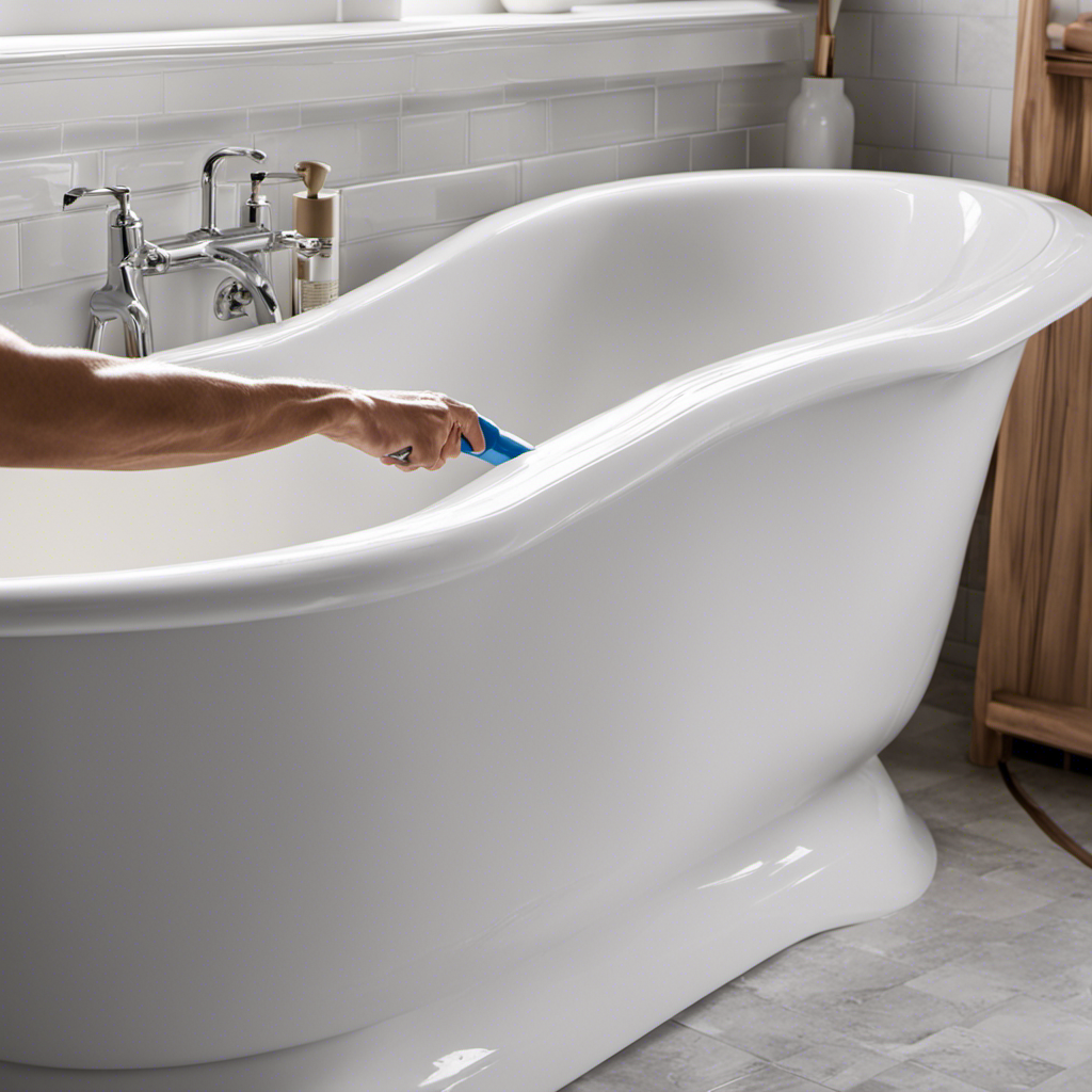 An image showcasing the step-by-step process of caulking a bathtub: a gloved hand skillfully applying a smooth, even line of caulk along the seam between the tub and the tiled wall