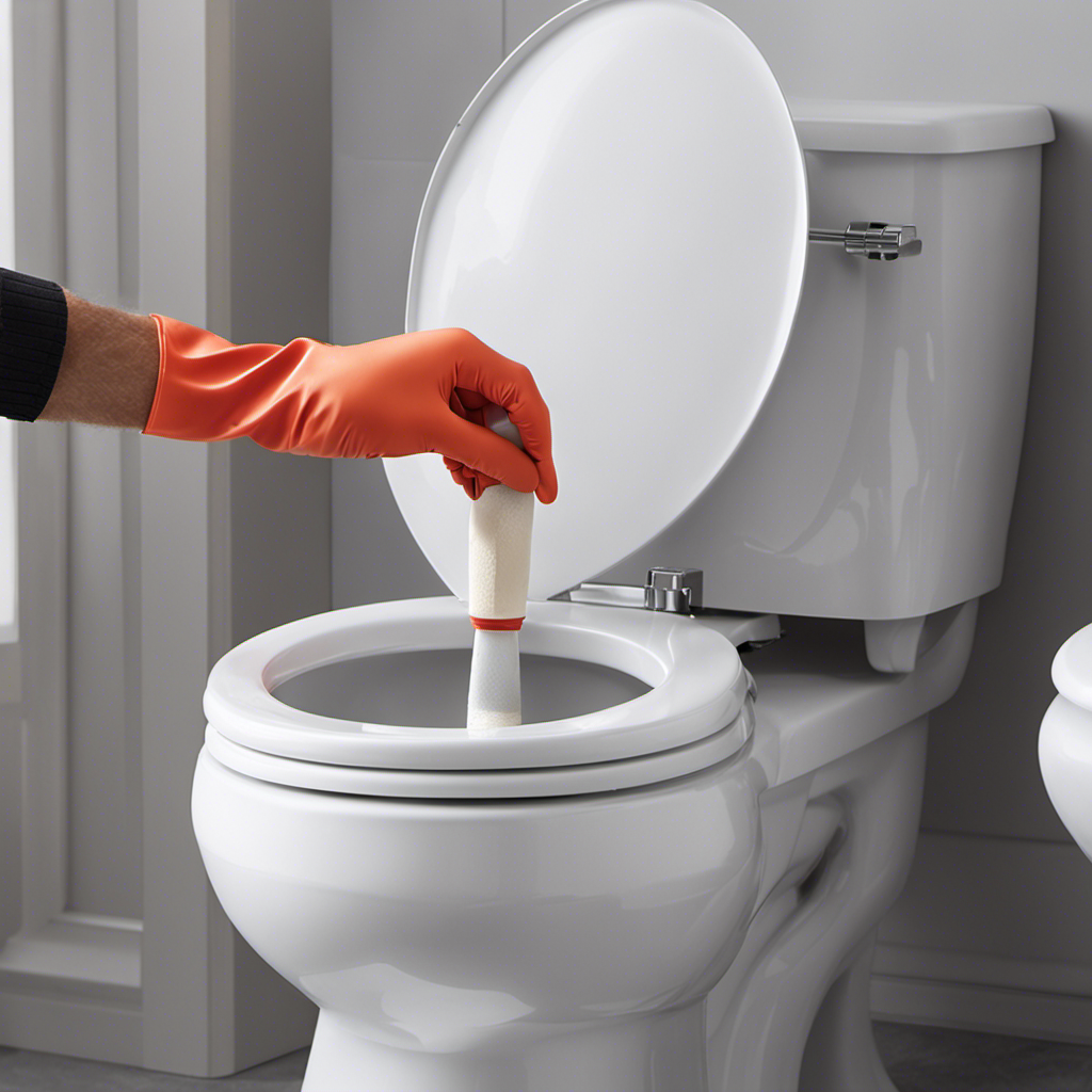 An image that showcases a close-up view of a gloved hand smoothly applying a thin, precise line of caulk around the base of a toilet, ensuring a watertight seal