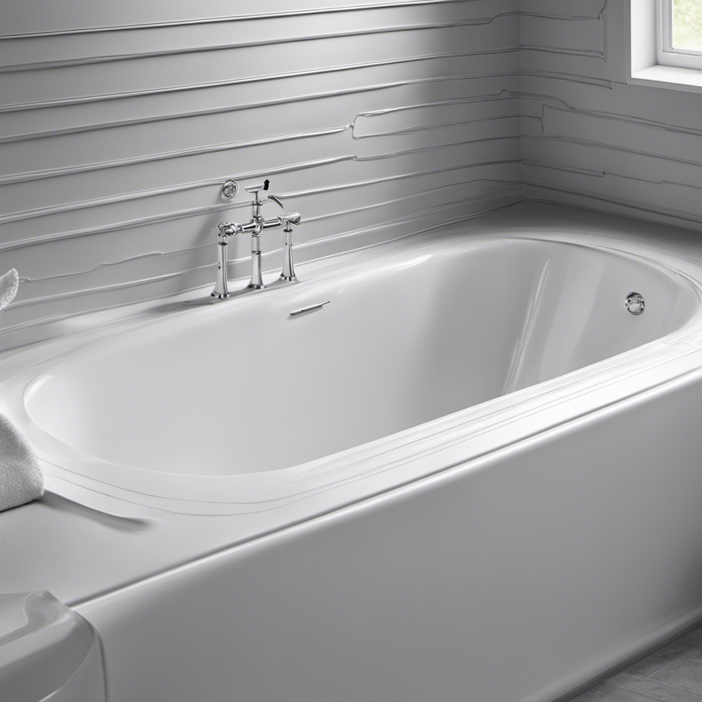 An image showcasing a neatly caulked bathtub: a gloved hand smoothly applies a thin, even line of white silicone caulk along the joint where the bathtub meets the tiled wall, ensuring a watertight seal