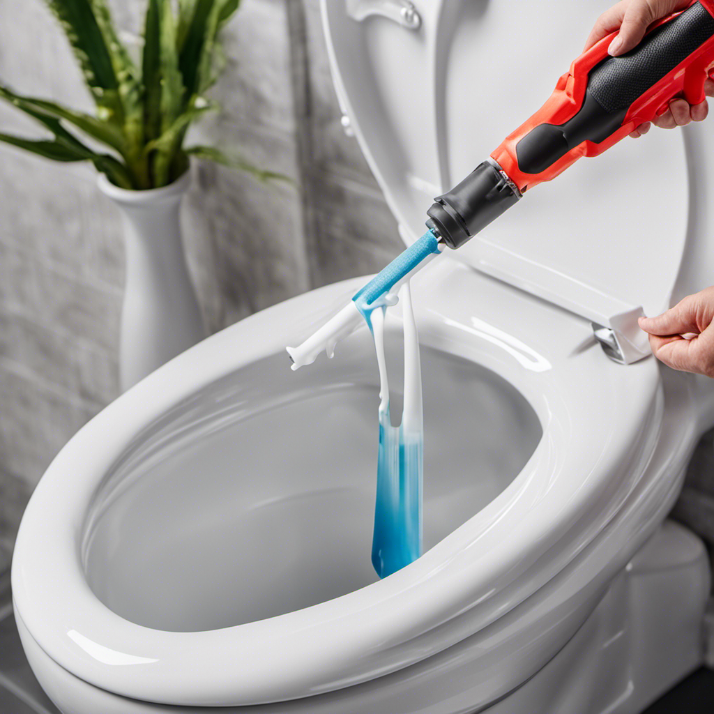 An image showcasing a close-up view of a hand holding a caulk gun, skillfully applying a neat and even bead of caulk along the base of a sparkling white toilet, highlighting the precise technique for caulking around a toilet