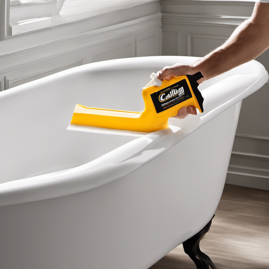 An image showcasing the essential materials for caulking a bathtub: a caulk gun loaded with silicone caulk, a putty knife for smoothing, a utility knife for cutting, a rag for cleaning, and a tube of caulk