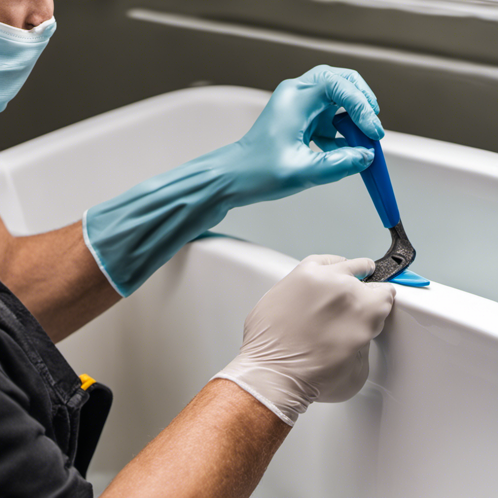 An image showcasing a gloved hand firmly gripping a caulk removal tool, delicately peeling away old, cracked caulk from the edges of a bathtub