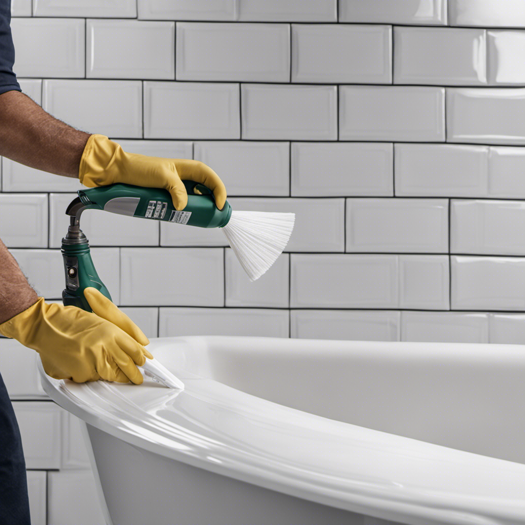 An image of a gloved hand expertly applying a smooth, even bead of caulk along the seam between a bathtub and tiles