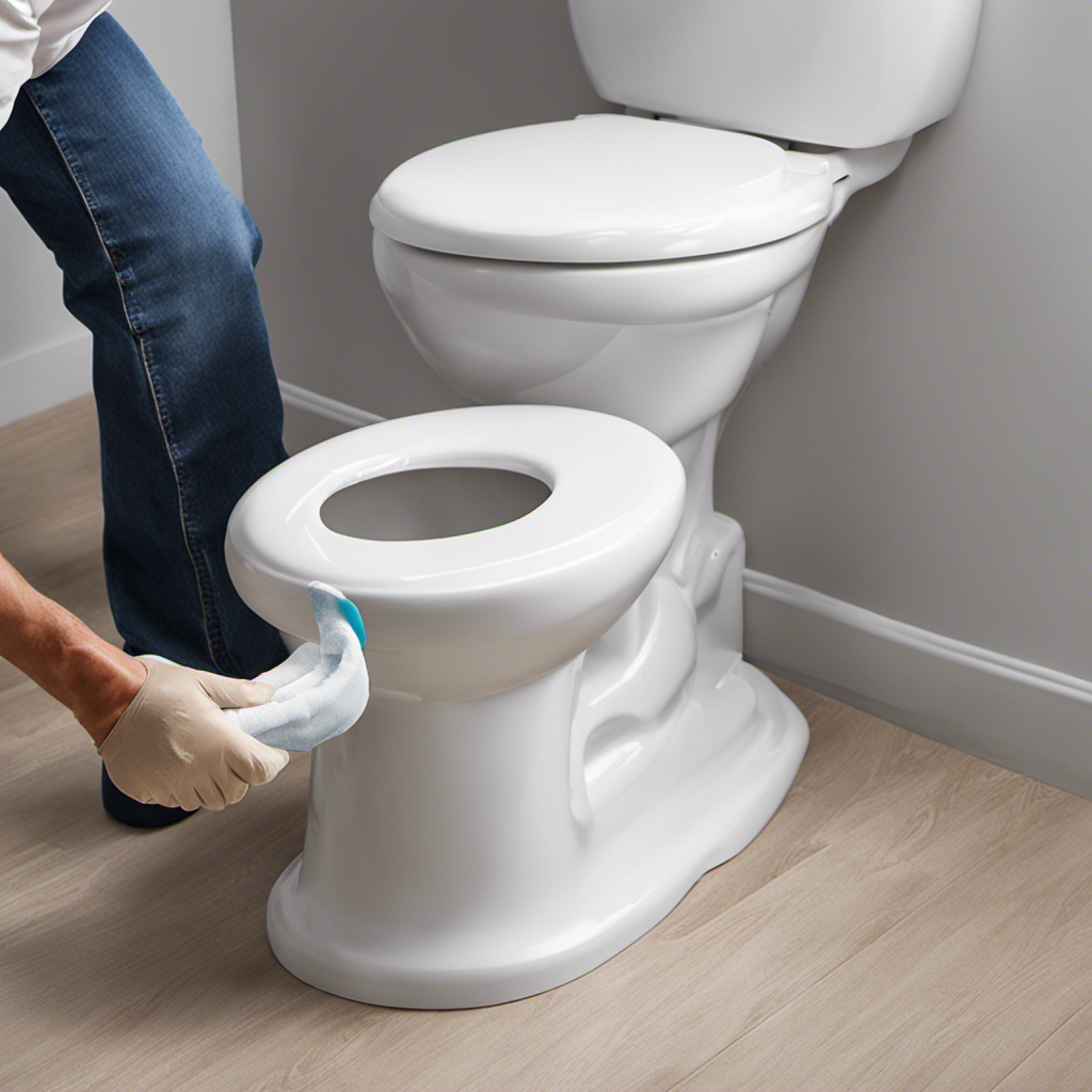 An image that vividly depicts the step-by-step process of caulking a toilet base: a gloved hand applying a thin, uniform bead of caulk around the base, ensuring complete coverage and a watertight seal