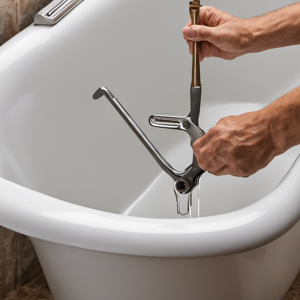 An image showcasing step-by-step instructions on changing a bathtub drain: a hand holding pliers, removing the old drain, inserting a new one, and tightening it with a wrench