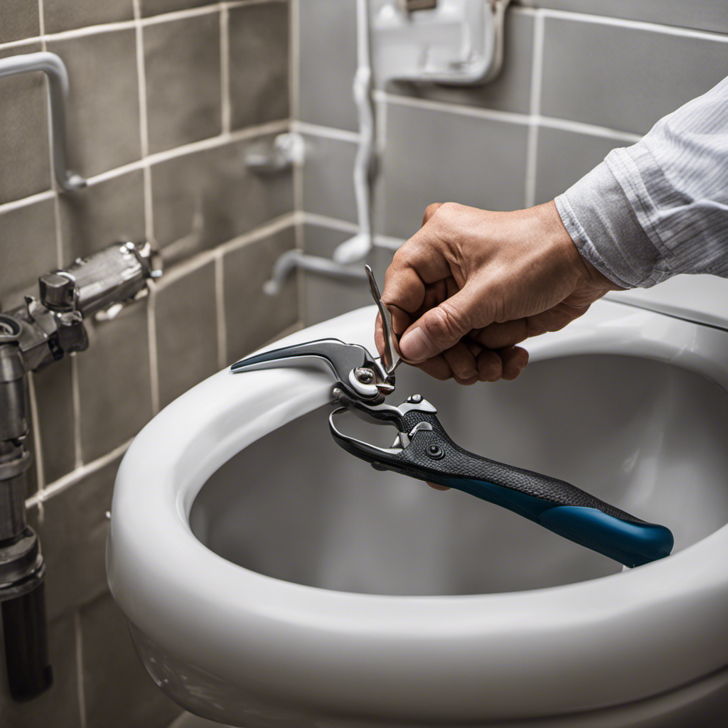 An image showcasing the step-by-step process of changing a toilet float: a hand holding pliers, unscrewing the water supply line, removing the old float, installing the new one, and reattaching the water supply line