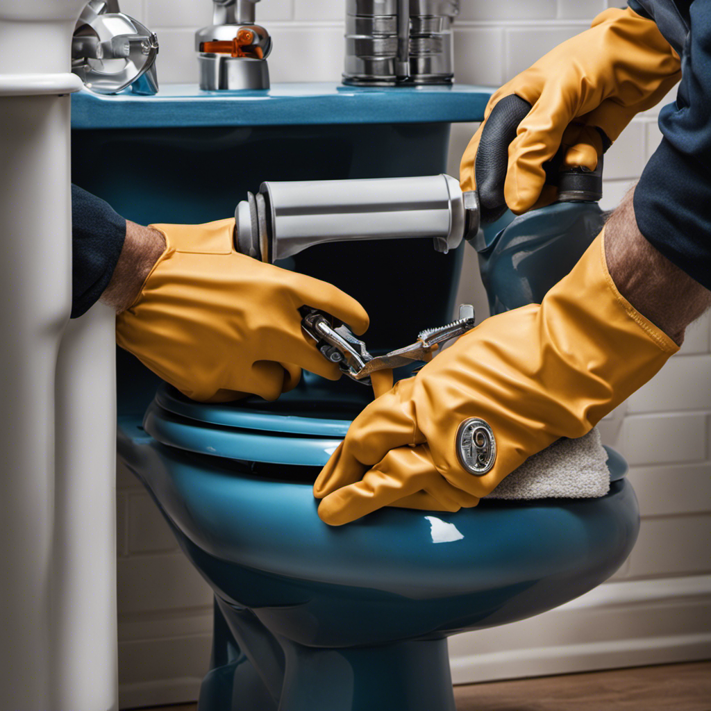 An image featuring a close-up view of a plumber's hands wearing gloves and using a wrench to tighten the bolts securing a wax ring to the base of a toilet, ensuring a tight seal