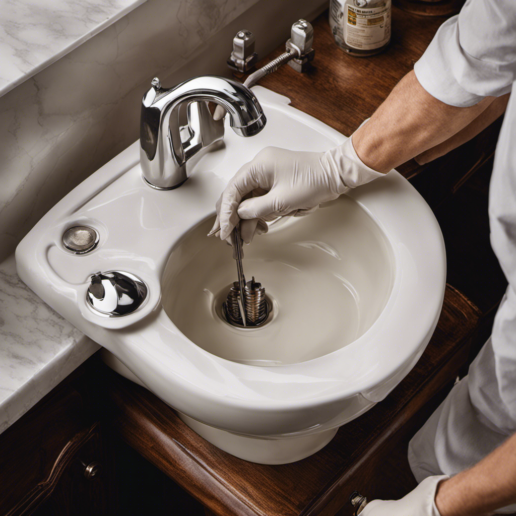 An image capturing a pair of gloved hands gripping a wrench, carefully unscrewing the bolts that secure a toilet seat cover to the porcelain bowl