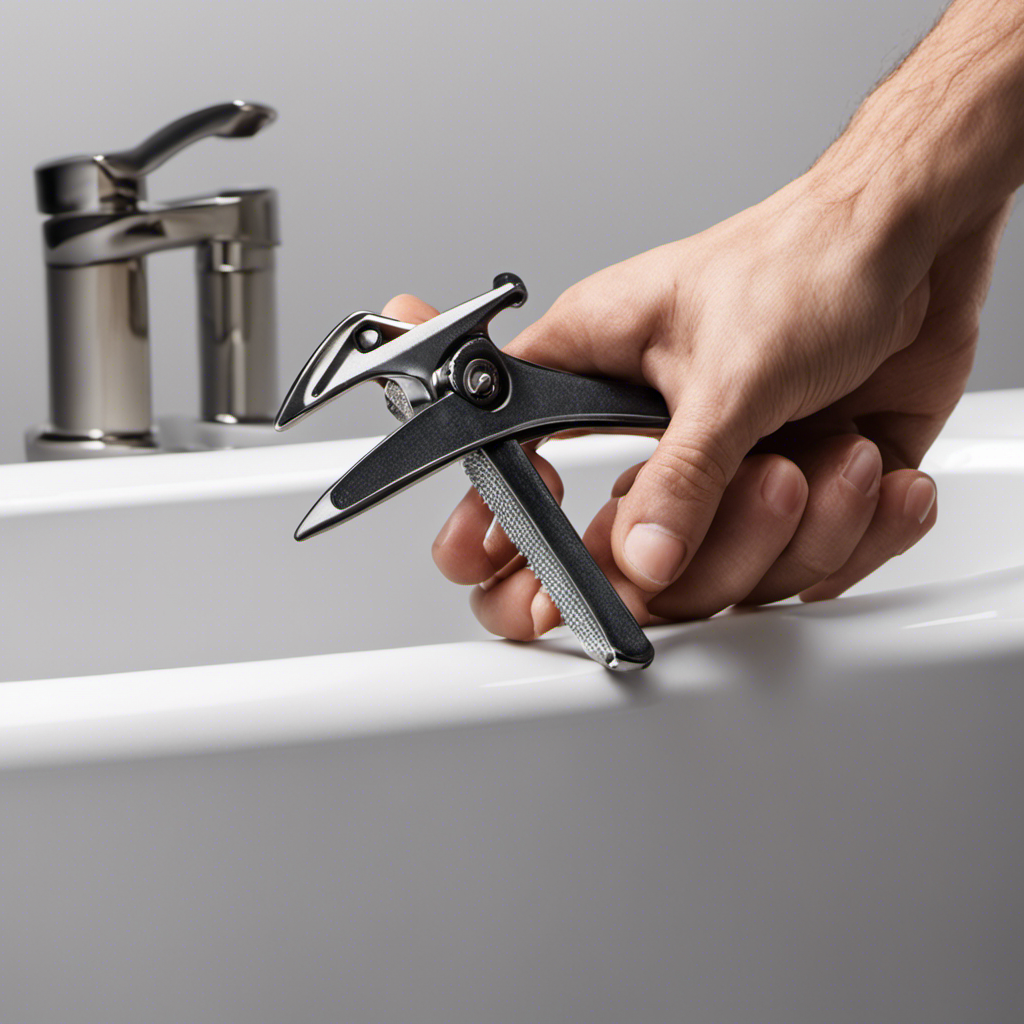 An image showcasing a hand holding a pair of pliers, gripping the crossbar of a bathtub drain stopper