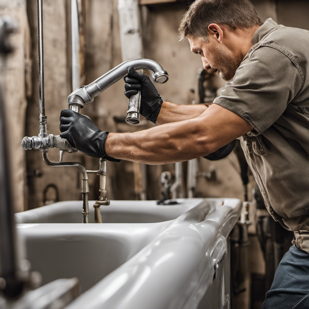 An image showcasing a pair of gloved hands holding a wrench, deftly removing old tarnished bathtub fixtures