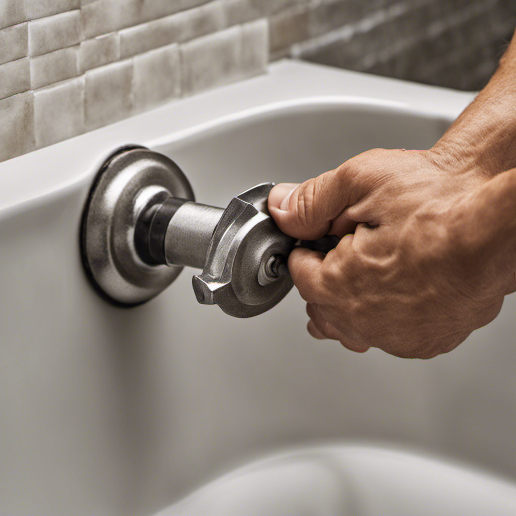 An image that showcases a close-up view of a person's hand gripping a wrench, as they unscrew the old bathtub spout