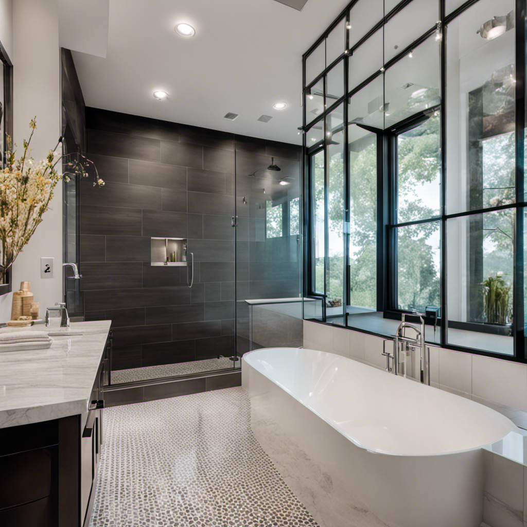 An image showcasing a spacious bathroom transformation; a sleek, modern walk-in shower with glass doors, a tiled floor, and a built-in bench, replacing an old bathtub