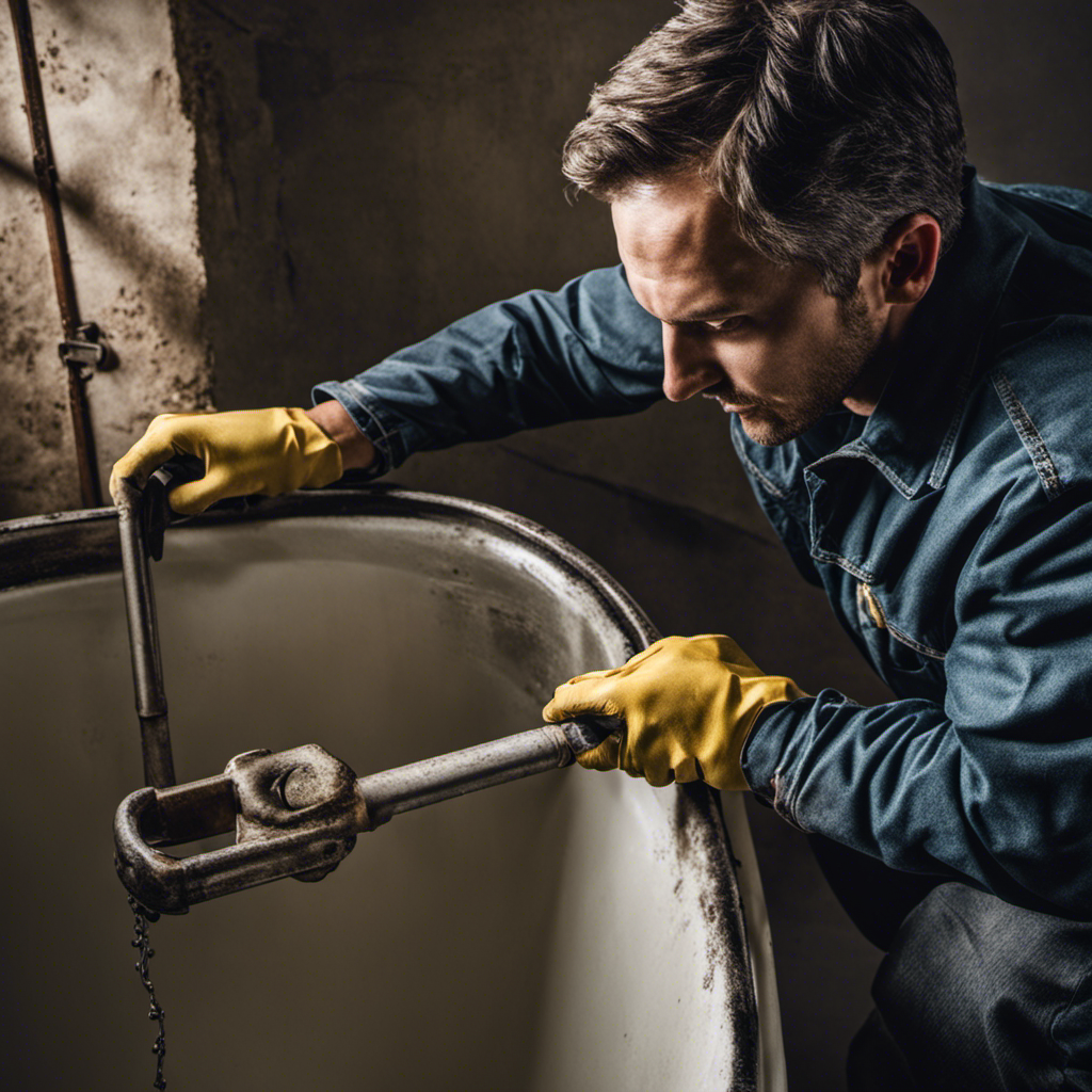An image featuring a person wearing protective gloves, using a wrench to disconnect a metal drainpipe from an old bathtub