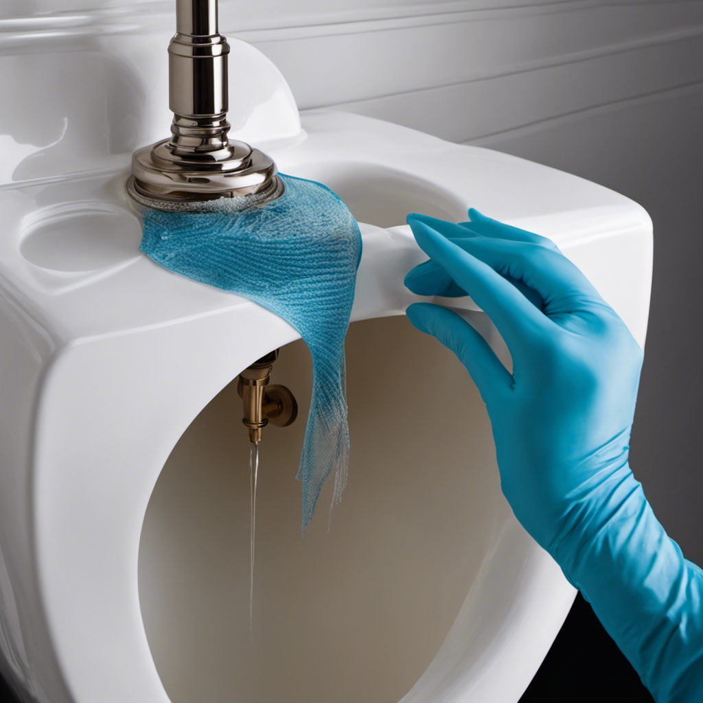 An image capturing a close-up view of a person's hands wearing blue rubber gloves, effortlessly removing the old flapper from a toilet tank, showcasing the step-by-step process of changing a flapper
