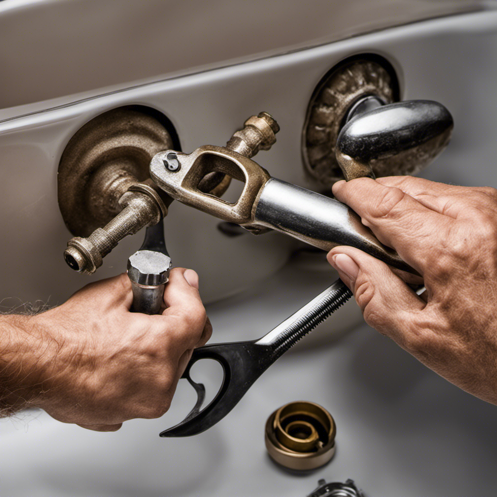 An image showcasing a pair of hands, one holding a wrench, skillfully removing old bathtub fixtures, while the other hand carefully installs new ones