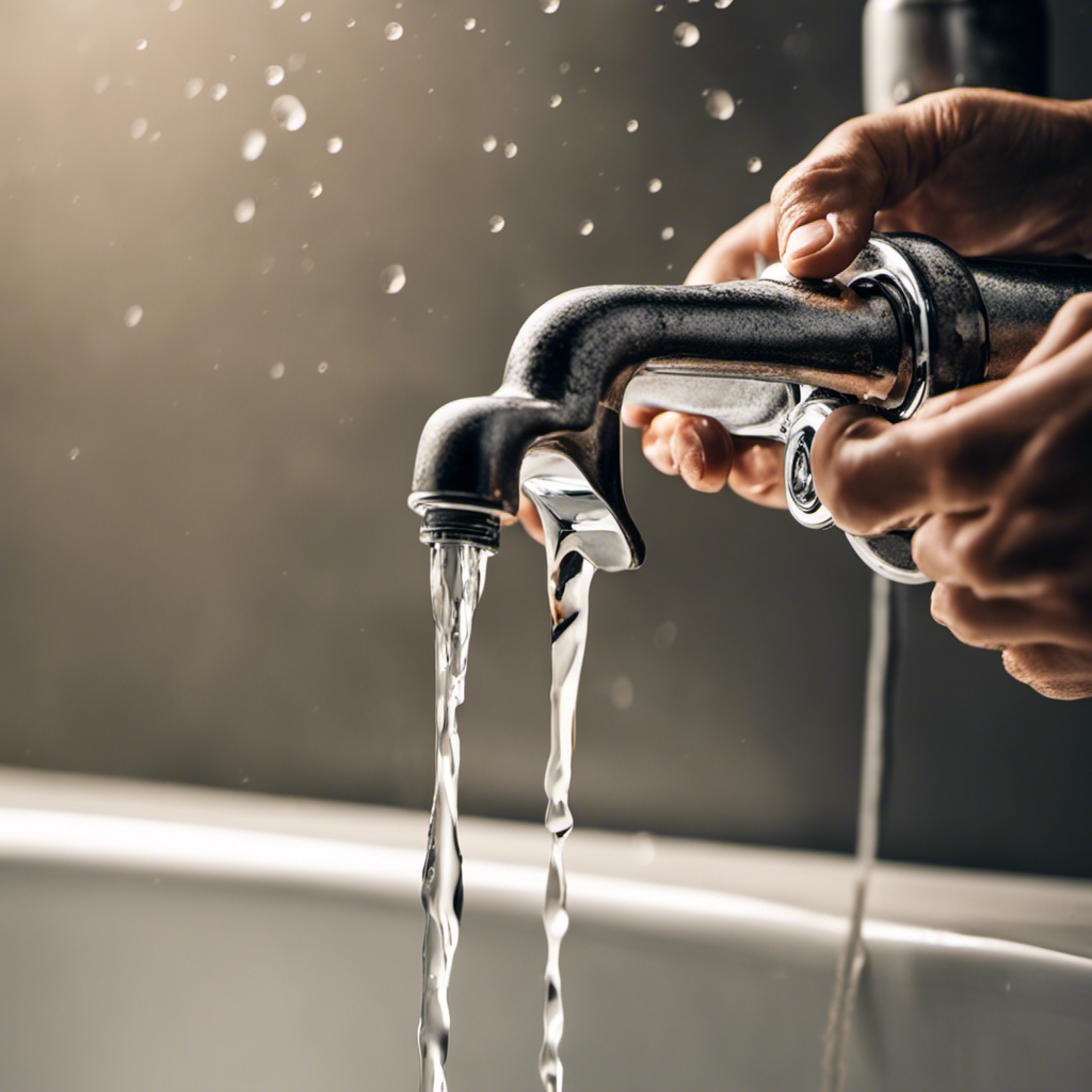 An image showcasing a pair of skilled hands gripping a wrench, expertly loosening the rusted, old bathtub faucet