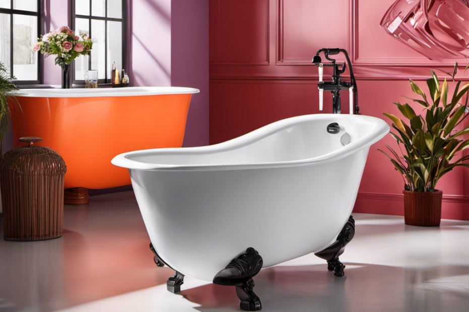 An image showcasing a step-by-step guide to changing the color of a plastic bathtub: from prepping the surface with sandpaper and cleaning solution, to applying multiple coats of vibrant paint, and finishing with a glossy topcoat